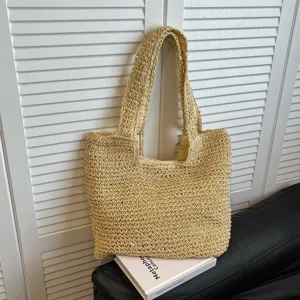 Woven straw tote bag for women, large capacity shoulder bag, casual beach vacation handbag.