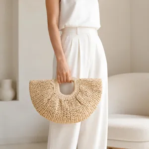 Sac Cabas en Paille Tissée pour Femmes Vacances Décontractées Sac à Main Fait Main Été Plage Sac Bandoulière Mode Poignée Supérieure