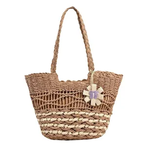 Woven straw tote bag for women, large capacity beach shoulder bag with floral design.
