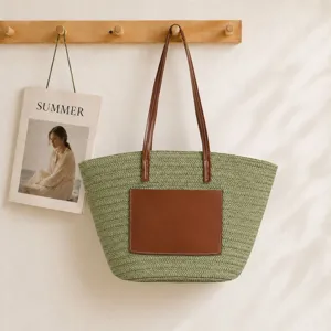 Women Large Capacity Straw Tote Bag Handmade Woven Shoulder Bag Casual Beach Vacation Handbag Paper Material