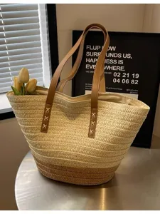 Woven straw tote bag for women, large capacity contrast color shoulder bag for beach vacation.