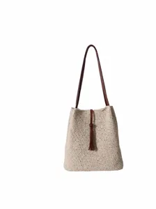 Handmade cotton woven shoulder bag beach tote for women with tassel and size 31x30cm