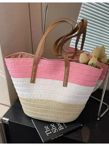 Colorblock straw tote bag for women, large capacity beach shoulder bag, stylish casual handbag.