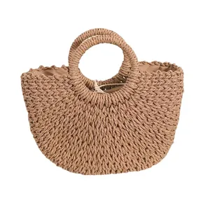 Sommer geflochtene Stroh Handtasche, lässige Strand Korb Tasche mit runden Griffen für Damen.