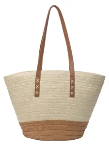 Large capacity woven straw tote bag for women, stylish contrast color beach shoulder bag.