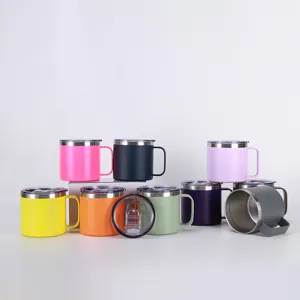 Details of 14oz stainless steel vacuum coffee mug with handle and clear lid, multi-color.
