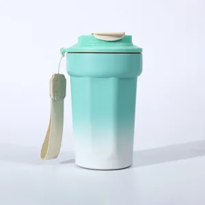 Verlauf edelstahl kaffeebecher mit tragegurt, achteckige isolierte reise-wasserflasche.