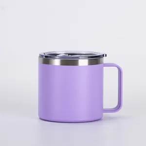 Stainless steel vacuum coffee mug detail, 14oz purple mini cup with clear lid and handle.