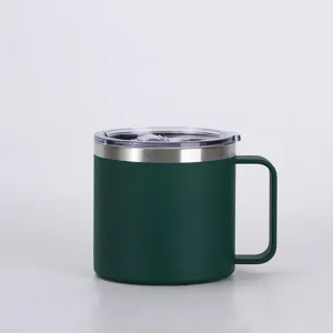 Stainless steel vacuum coffee mug detail shot, portable handle cup rim and lid design.
