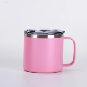 Pink 14oz stainless steel coffee mug detail view, portable vacuum insulated cup with handle.