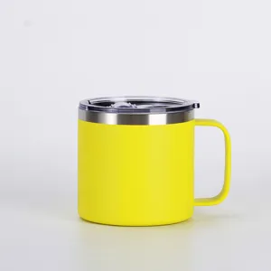 Stainless steel coffee mug handle detail, mini portable vacuum cup close-up view.