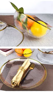 Hammered glass plate and bowl set with gold rim, transparent tableware for home kitchen dining.