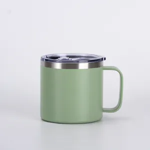 Detail view of the mini portable 14oz stainless steel coffee mug with handle and clear lid.