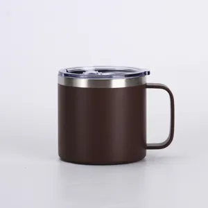 Stainless steel coffee mug detail showing the clean finish, comfortable handle and clear lid.