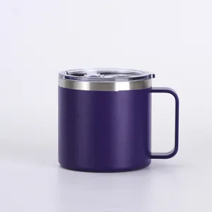 Close-up detail of the purple stainless steel mug handle and clear lid, portable mini design.