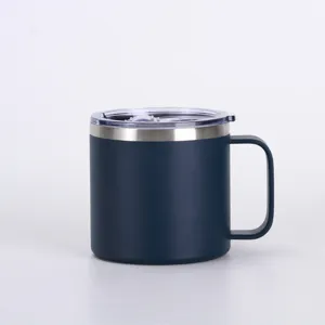 Stainless steel 14oz coffee mug with handle and clear lid, portable vacuum cup detail view