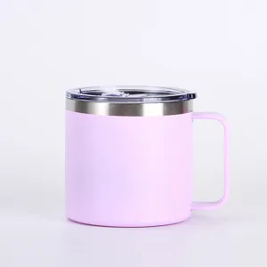 Stainless steel 14oz coffee mug detail view, portable vacuum insulated cup with handle and clear lid.