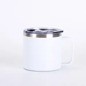 Stainless steel 14oz coffee mug with handle and lid portable vacuum insulated office cup white