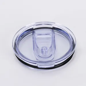 Clear plastic tumbler lid detail showing slider closure and black rubber sealing ring.