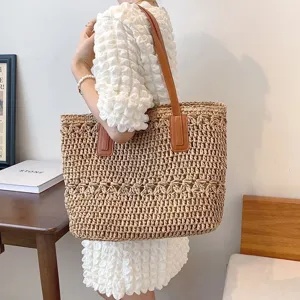 Τσάντα Tote από Ψάθα Μεγάλης Χωρητικότητας για Γυναίκες Κεντημένη Χειροποίητη Τσάντα Ώμου για Διακοπές στην Παραλία Casual Τσάντα από Χάρτινο Σχοινί