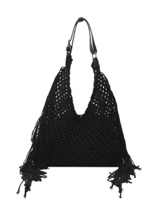 Black cotton crochet shoulder bag, large capacity fringe tote bag for beach vacation.