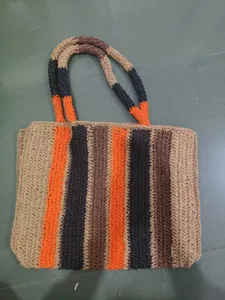 Handmade striped straw woven tote bag for women, large capacity casual beach shoulder bag.