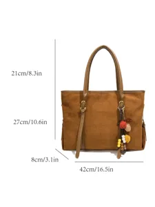 Bolso tote retro de ante de gran capacidad bolso de hombro casual con colgante.