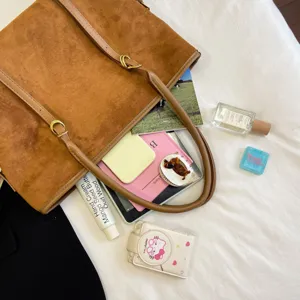 Bolso tote grande de ante marrón estilo retro, elegante bolso de hombro casual para mujer.
