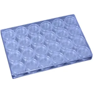 Boîte de rangement plastique transparente avec petits pots ronds pour perles et petits objets.