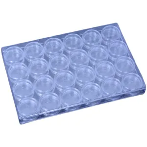 Boîte de rangement en plastique transparent avec petits pots ronds, idéale pour perles.