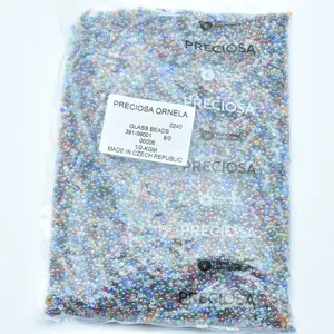 Preciosa Czech glass beads detailed view, mixed multicolored pearl and silver-lined seed beads.