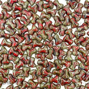 Czech glass T-shaped bone beads for DIY jewelry making, beautiful marbled red and green design.