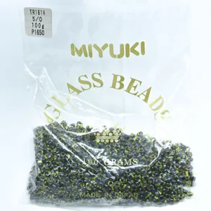 Miyuki glass seed beads detail, 5mm triangle beads in green purple color, 100g pack.