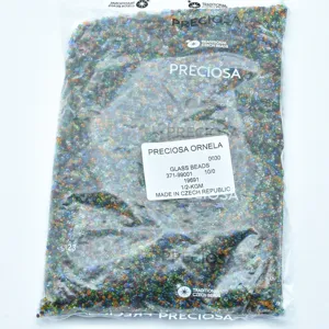 Detailed view of Preciosa multi-size mixed glass seed beads in transparent packaging.