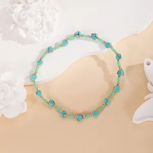 Turquoise heart bead bracelet with gold and green seed beads for women summer fashion style