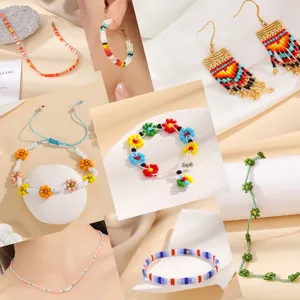 Handmade colorful seed bead jewelry set featuring floral patterns, delicate Miyuki bead weaving.