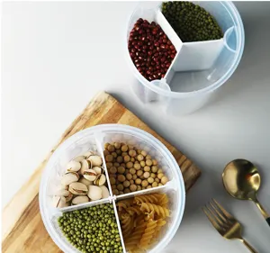 Detailed view of clear plastic multi-compartment food storage jars for kitchen pantry organization.