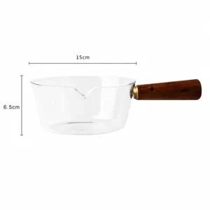 Borosilicate heat-resistant glass salad bowl with wood handle, 600ml large capacity for kitchen use.