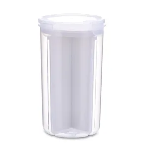 Clear plastic segmented food storage jar with airtight lid for kitchen grains and snacks.