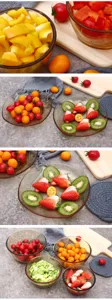 Detail view of clear glass bowl showcasing fresh colorful fruits and vegetables staging.