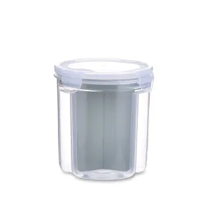 Transparent plastic compartmentalized food storage container with airtight locking lid for kitchen grains.