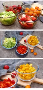 Detail shot of clear glass salad bowls, heat-resistant, perfect for fresh fruits and vegetables.
