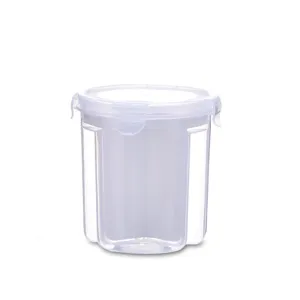 Clear plastic partitioned storage container with airtight sealed lid for dry food snacks.
