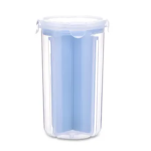 Clear plastic kitchen storage jar with multi-compartment dividers and sealed lid for dry food.