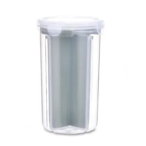 Transparent kitchen food storage jar with divided compartments and sealed white lid for grains.