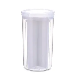 Clear plastic kitchen storage canister with divided compartments and airtight lid.