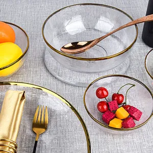 Transparent Hammered Glass Gold Rim Flat Plate Salad Bowl Dessert Tableware Set