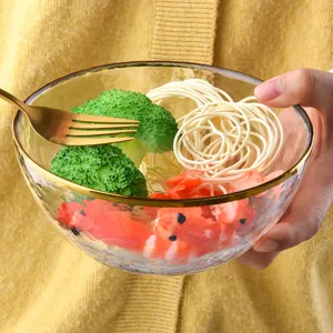 Clear glass salad bowl with gold rim hammered texture elegant tableware for home kitchen dining table
