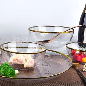 Hammered glass tableware set with gold rim transparent bowls and plates for home dining