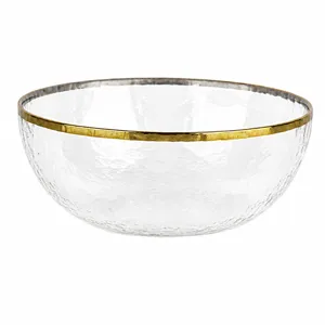 Clear glass salad bowl with hammered texture and luxury gold rim, 20cm diameter, 1500ml capacity.